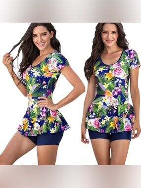 🌸 ECUPPER NWT One Piece Swim Suit Floral Printed Short Sleeves Swimming XL 🌸